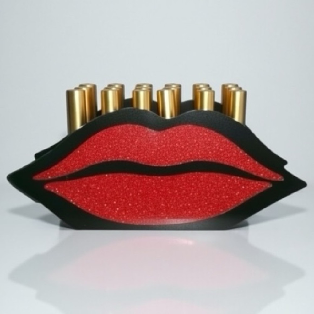For Her Vanity Red & Black Glitz & Glam Lips Wood Lipstick Holder Organizer